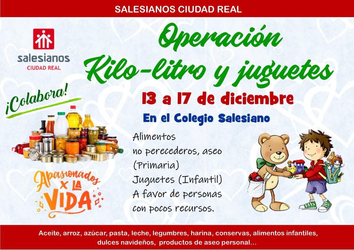 Operación #KiloLitro2021 Recogida de alimentos no perecederos, material de higiene y juguetes para familias necesitadas de Ciudad Real. Además los días 18 y 21 estaremos en la calle y en supermercados realizando esta gran recogida. ¡COLABORA!