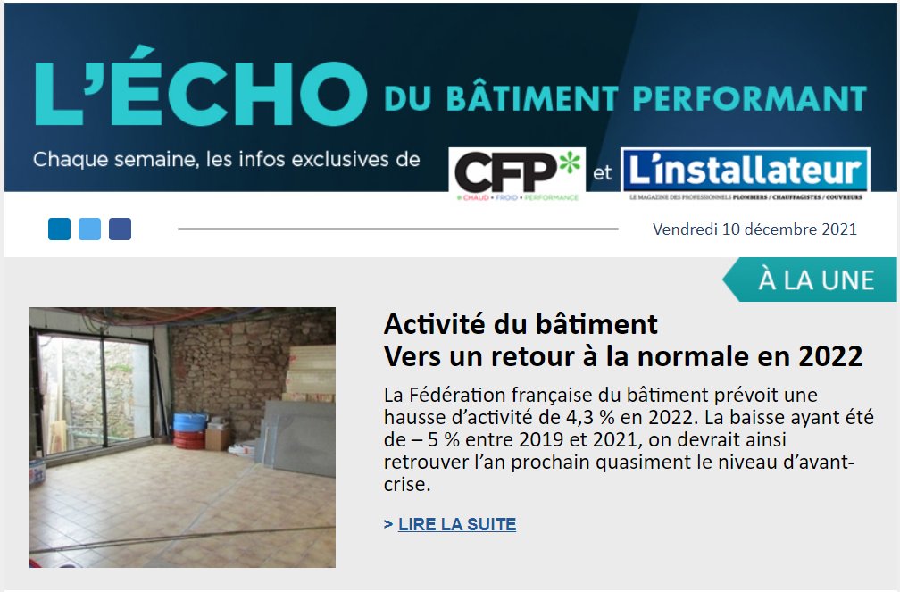 ☀️✳️ A la Une ✳️☀️
- <a href="/FFBatiment/">FFB - Fédération Française du Bâtiment</a> optimiste pour 2022
- <a href="/bepositiveevent/">Salon BEPOSITIVE</a> débute mardi prochain
- <a href="/De_Dietrich/">DeDietrich Thermique</a> s’associe à une startup pour développer l'hydrogène
- Bilan positif pour le Cetiat
- <a href="/ENGIEgroup/">ENGIE</a> rempile pour rafraîchir Paris
Tout est là ⬇️
x0h4i.mjt.lu/nl2/x0h4i/z58y…