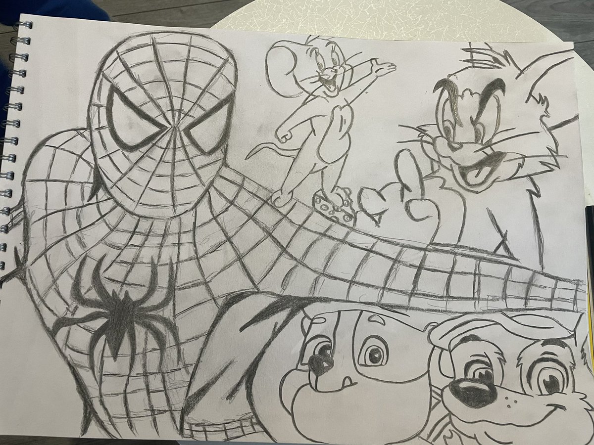 Progress on a family favourites photo I started last night! Spider-Man for me, Tom and Jerry for Kirsty, and Paw Patrol for Tyler #spiderman #pawpatrol #tomandjerry #Marvel #drawing https://t.co/8hX4RKoOCl
