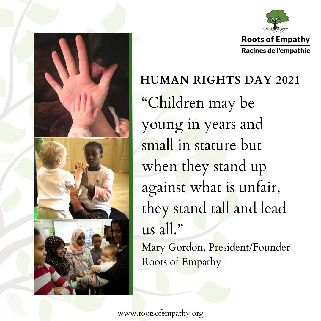 Today is #HumanRightsDay !
At Roots of Empathy we help children develop empathy and encourage #children to stand up to #injustice and #inequality. <a href="/MaryGordonROE/">Mary Gordon</a> <a href="/UN/">United Nations</a> <a href="/UNHumanRights/">UN Human Rights</a> @GPtoEndViolence #HumanRightsDay2021