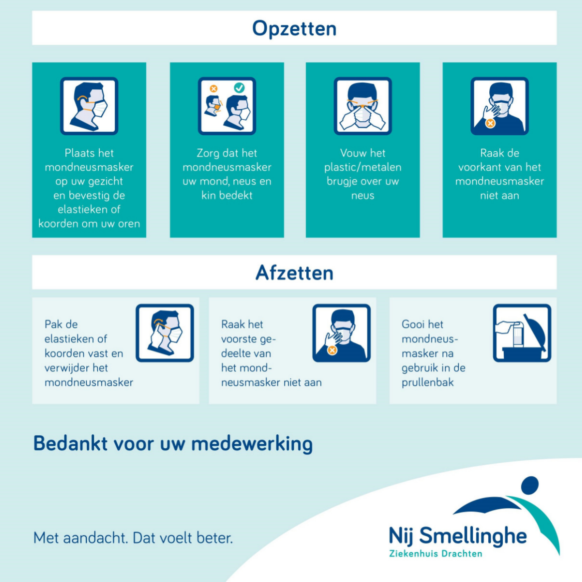 We zien veel variaties zijn op het dragen van een mondneusmasker dus hoe draag je deze nou eigenlijk 🤷🏼‍♀️ In de afbeelding zie je de juiste manier van op- en afzetten. ➡️ Bezoek je Nij Smellinghe binnenkort? Actuele informatie over maatregelen lees je op nijsmellinghe.nl/corona.
