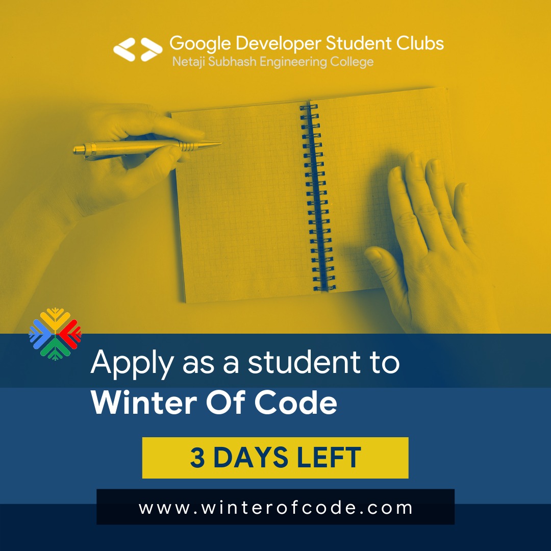 WinterOfCode's tweet photo. The registration for the winter of code 2021 closes in three days.⏳
Take up this challenge and make your way to GSoC, and beyond.

📌Deadline is December 12, 2021.
📎Register here:
https://t.co/8fnHXm0FOF

@GoogleDevsIN @googlestudents  @dscnsec #winterofcode https://t.co/5fkra9phpo