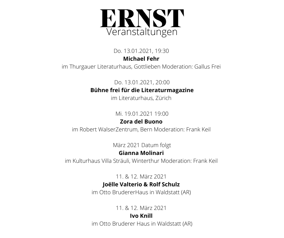 Wir freuen uns sehr auf die kommenden #Veranstaltungen und laden herzlich dazu ein, uns zu begleiten. :) 

#Kultur #Ernst #Magazin #Literatur #Lesung #Performance #MichaelFehr #Zoradelbuono #GiannaMollinari #Gesellschaftsmagazin #Manuskript #Literaturmagazin #Einladung