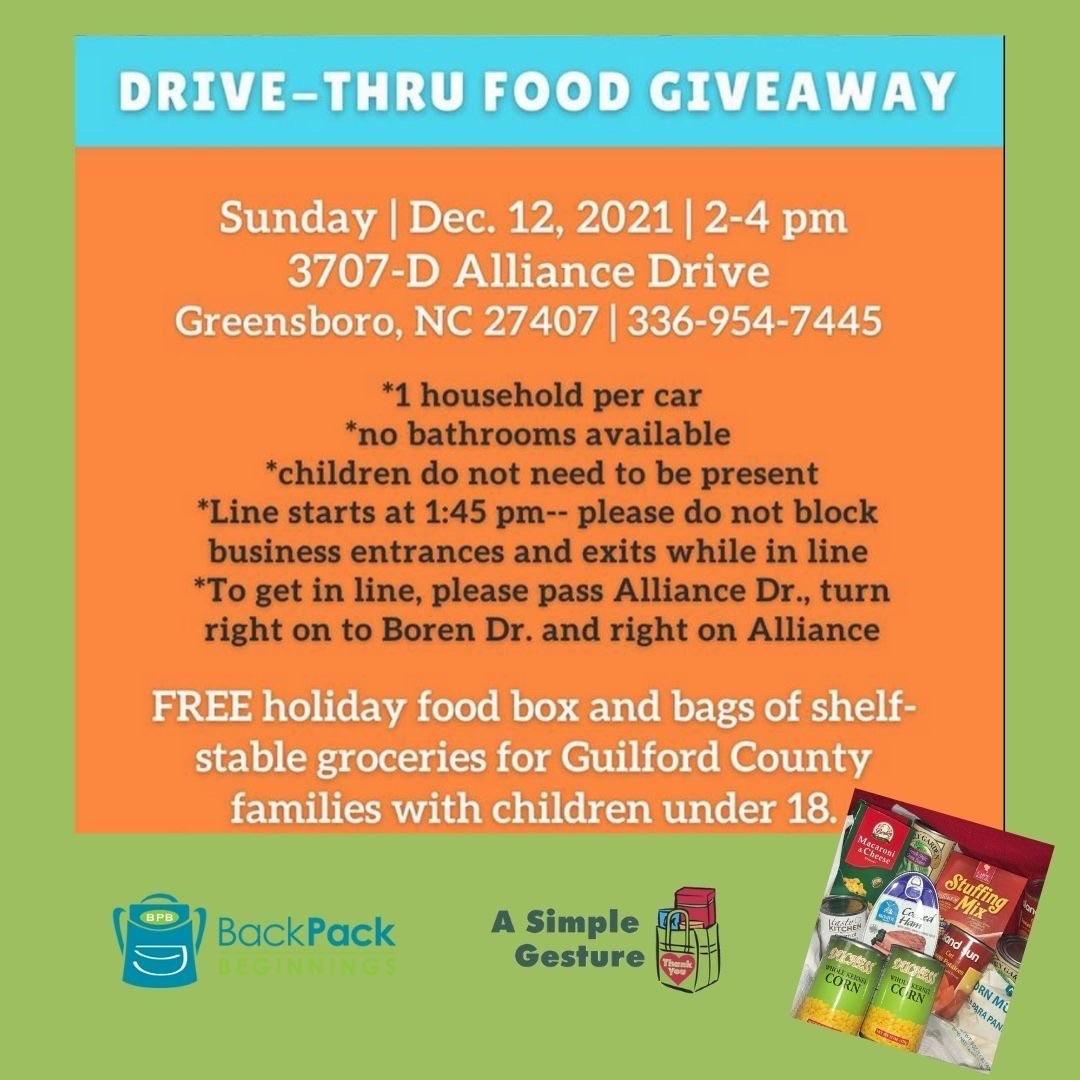 SimpleGesturGSO's tweet photo. Our food partner, BackPack Beginnings, is holding a drive-thru food giveaway this Sunday from 2-4 pm. Please read the details and share this info 😊
#🥫 #endhunger #asimplegesture #asimplegesturegso #heroesforhunger #greensboronc #highpointnc @asimplegesturegso.org https://t.co/KUcFaiDmDC