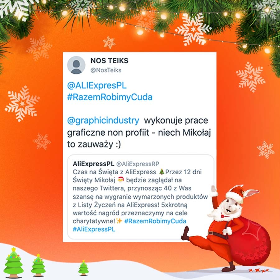 AliExpressRP's tweet photo. 🎅🏻 Święty Mikołaj przeczytał tweeta, który może Was zainspirować💫
Nie przegapcie swojej szansy w naszym konkursie na Twitterze @AliExpressRP. Do wygrania $100 ☃️
Święty Mikołaj odpowiedział też na wiele innych ciekawych zgłoszeń 🎁 💫
#RazemRobimyCuda #AliExpressPL https://t.co/Vq8WKDBF8j