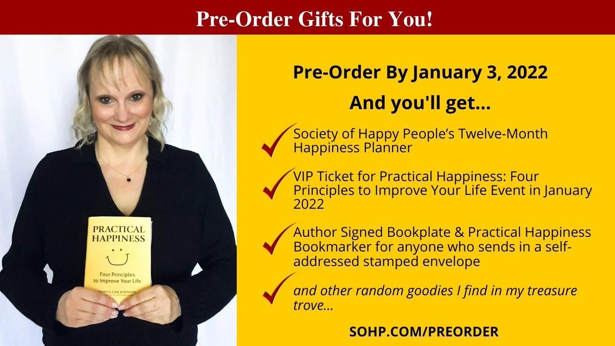 the_real_pamela's tweet photo. Thread [2/2]
Pre-order my book by January 3 for gifts!
PRACTICAL HAPPINESS: Four Principles to Improve Your Life by Pamela Gail Johnson. To be published by @HCI_Books January 4, 2022. 
https://t.co/9yYPdoOVpO
#PracticalHappiness #BookTwitter #writerslift #WritingCommunity https://t.co/pGFaEzjEFE