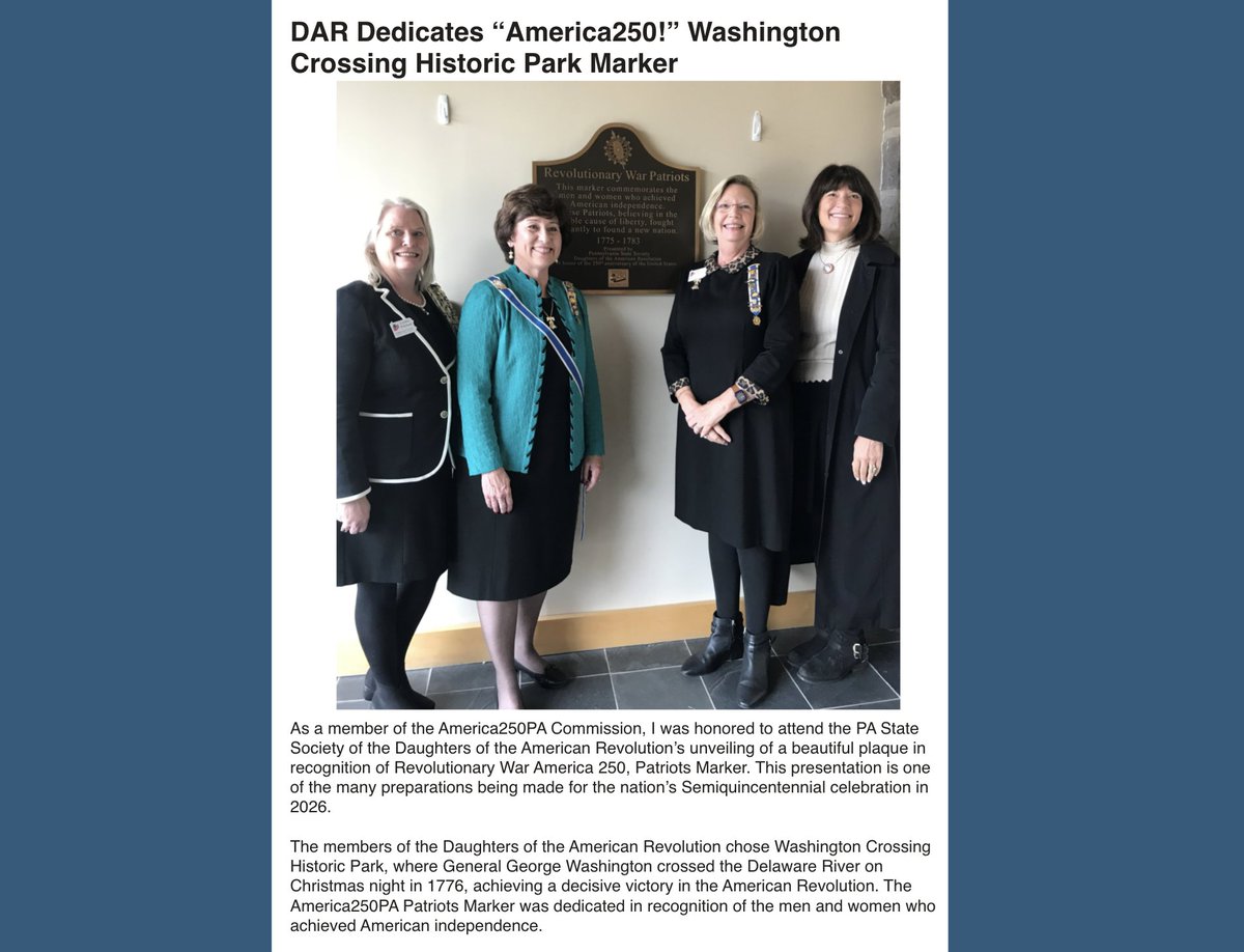 America250_PA's tweet photo. A250PA Commissioner, @RepWendi, attended a recent Pennsylvania State Society DAR historical marker unveiling at @WashXingPark. Learn more from her experience shared below and read the full story here: https://t.co/PYACLPGHOh
#Destination250PA #PAProud #History #Preserve https://t.co/jYWryQK4iO