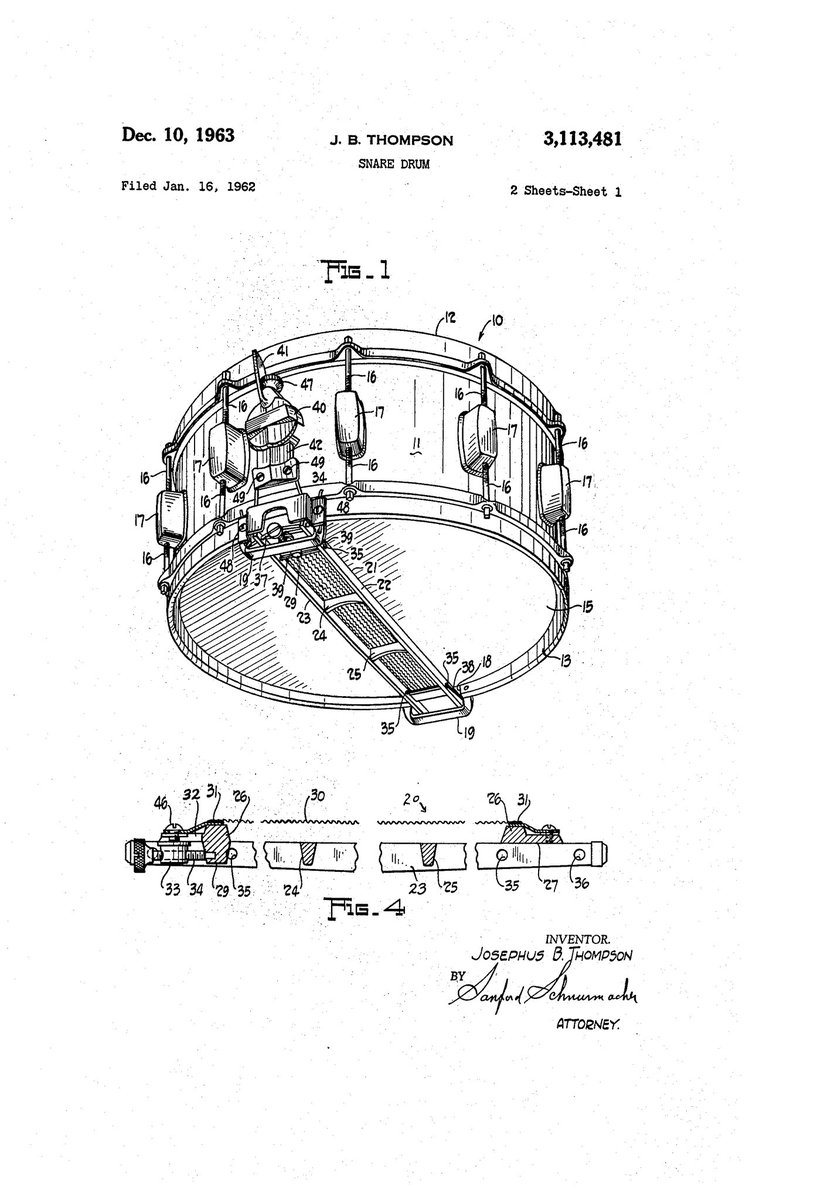 AdamMossoff's tweet photo. On this date in #innovation history: Josephus Thompson receives a #patent in 1963 for his #invention of a new supporting frame for a snare drum #PatentsMatter #InnovationIsCreative #jazz #rocknroll @uspto https://t.co/SfMPNxLWU9