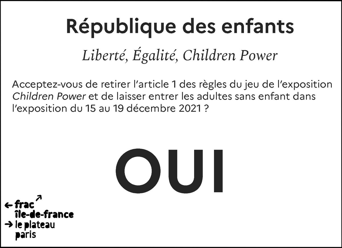 FracIdF's tweet photo. [le plateau] 🍾#OUI aux adultes dans #ChildrenPower du 15 au 19 décembre !
#Dimanche, dépouillement du #référendum : les #enfants ont voté à 53% pour laisser entrer les adultes sans enfant dans l'#exposition pour sa dernière semaine !
👋 Les grands, on se retrouve cette semaine ? https://t.co/S4tctYP6fU