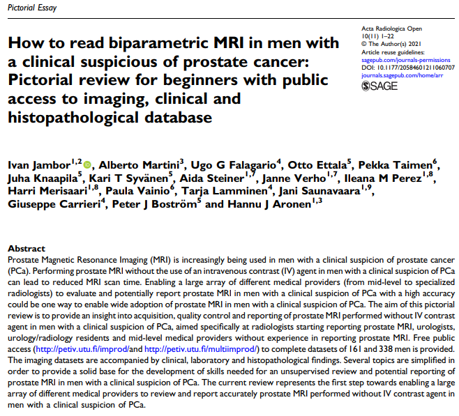 jambor_ivan's tweet photo. *** Finally out ***
Pictorial review on #bpMRI in men with a clinical suspicion of #PCa
https://t.co/ytf2seBoK6
- 30 figures
- 10s of videos and extra material in supporting material @ https://t.co/ngnsHfFL4Z
- access to complete imaging, lab & histo datasets of 161+338 pts https://t.co/qaUWD6IZ9d