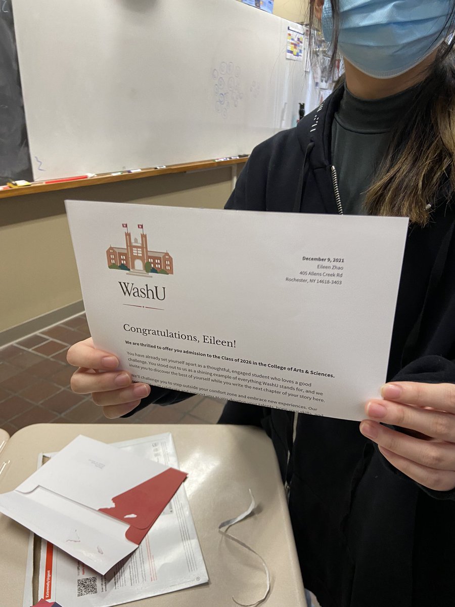 Yay! Congrats Eileen on your early decision acceptance to <a href="/WASHUBears/">WashU Bears</a> <a href="/ACSRochester/">Allendale Columbia</a>