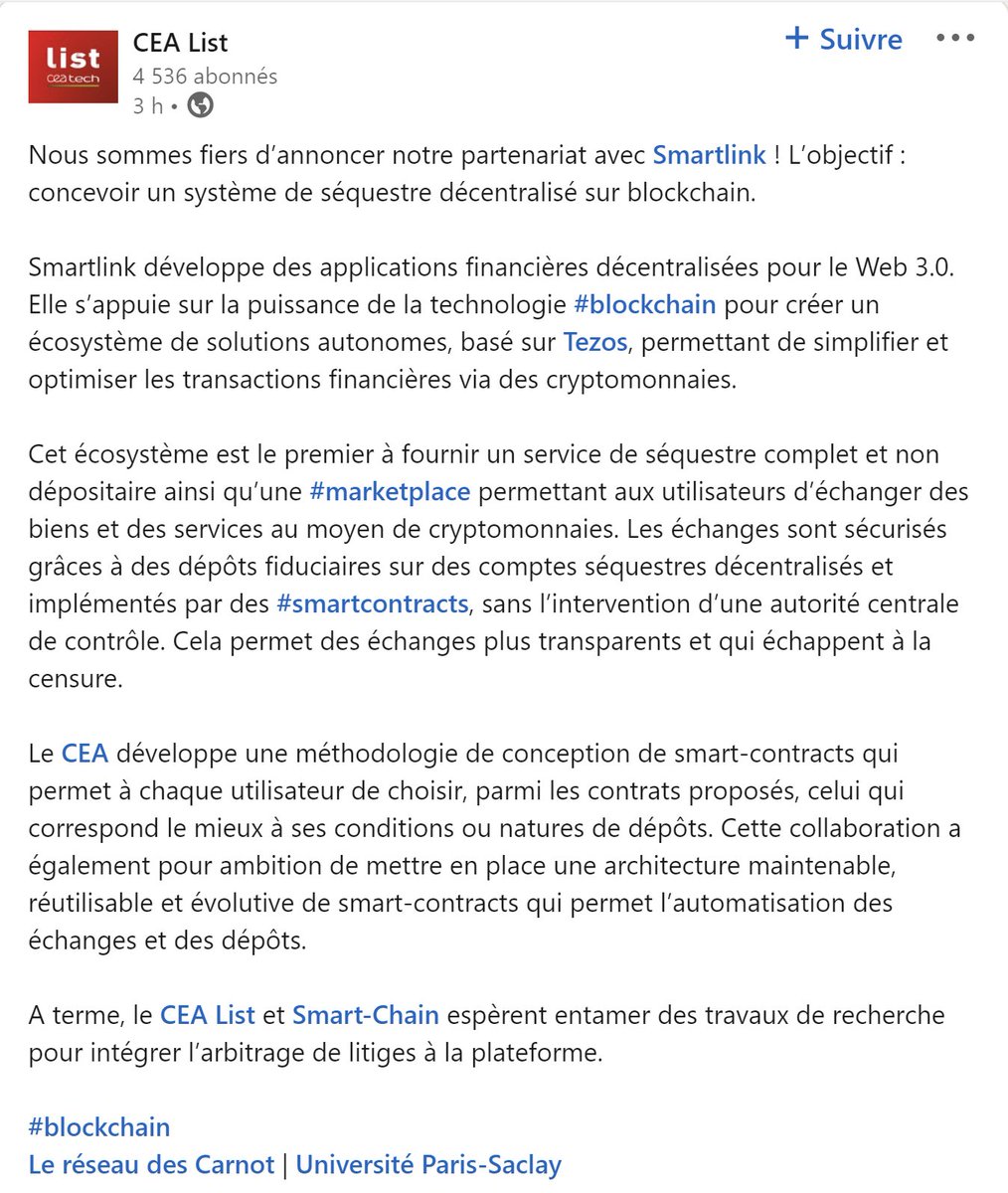 Let's translate this <a href="/CEA_List/">CEA-List</a> post:

"We're proud to announce our partnership with <a href="/smartlinkHQ/">Smartlink ⚡️</a>! The goal: to design a decentralized #escrow system on blockchain
 
Smartlink develops decentralized financial applications for #Web3. It leverages the power of #blockchain ...👇
#XTZ