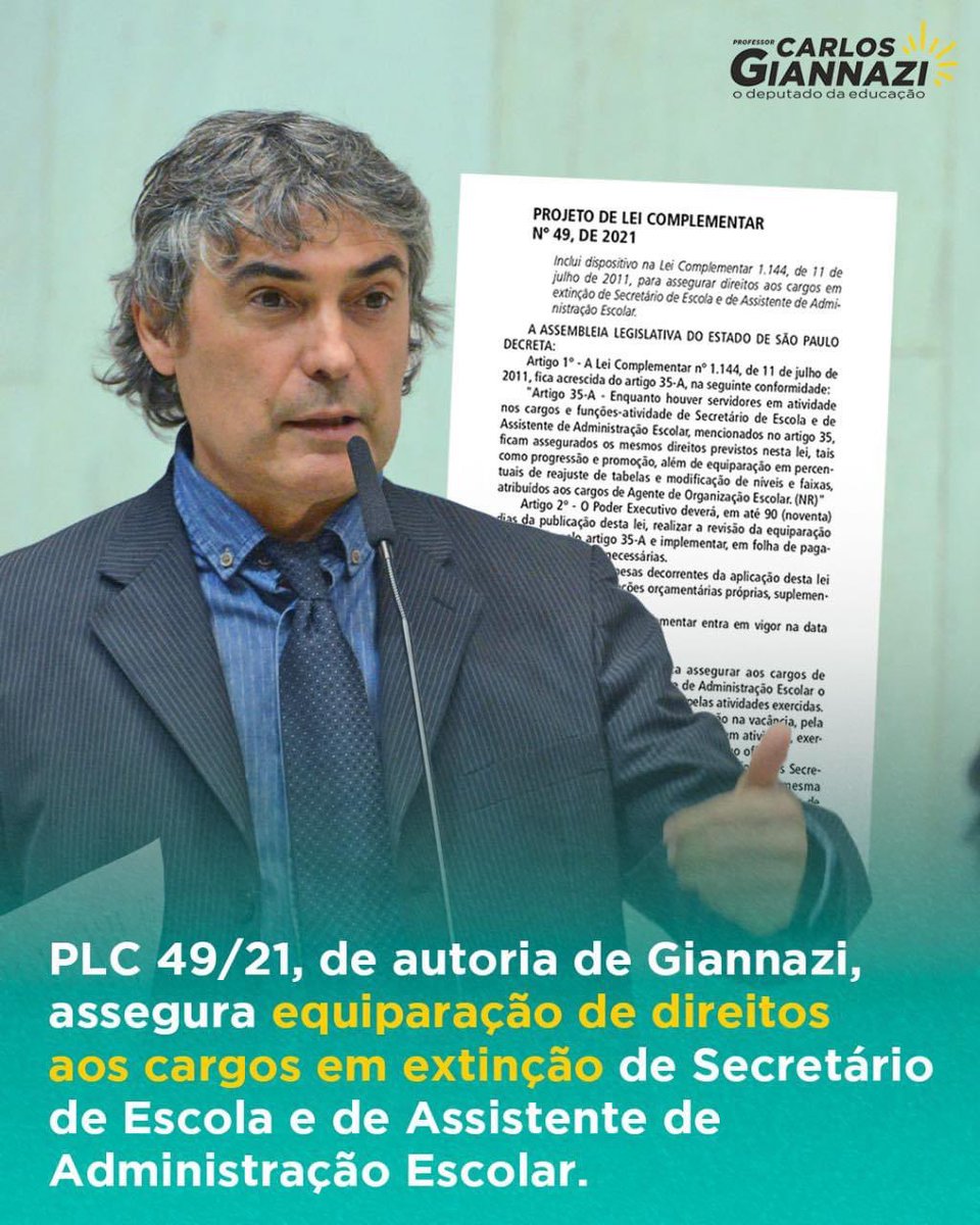 carlosgiannazi's tweet photo. Apresentei o #PLC49, que garante equiparação dos direitos aos cargos de Secretário de Escola, em extinção na vacância.
O projeto tem como objetivo assegurar aos cargos de Secretário de Escola e de Assistente de Administração Escolar o reconhecimento pelas atividades exercidas. https://t.co/Z2dhKWp5Xf
