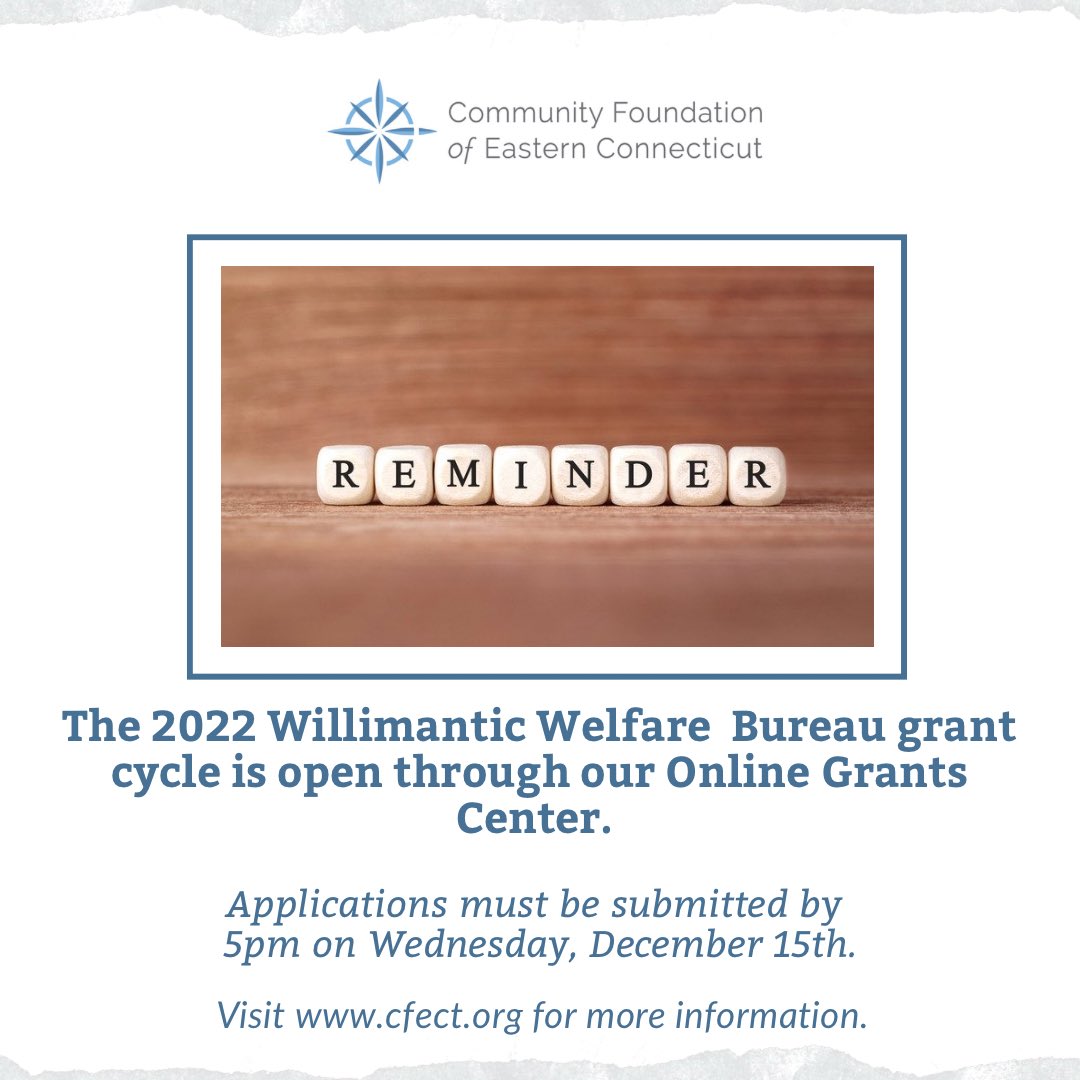👉 Applications for the Willimantic Welfare Bureau are due next week.

This fund supports programs and services designed to promote self-sufficiency for residents of the town of Windham through education and employment.

Click the link in our bio to apply!