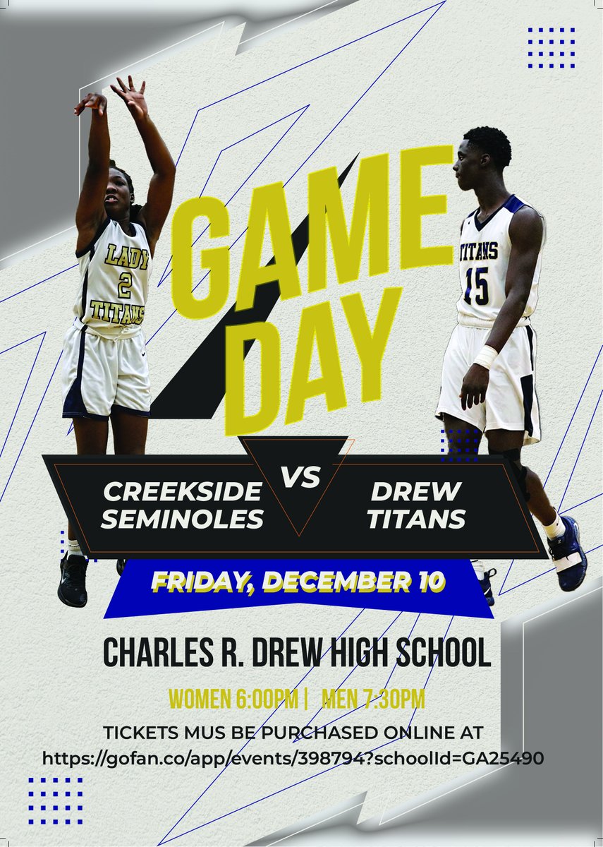 cdtitanswbb's tweet photo. 🚨 Game Day Lady Titans 🚨 #TitanTough⚔️ #BuiltByTheLab🛠️🏋️
Drew 🆚 Creekside
📅 Friday, December 10
🕰️ 6:00pm
📌 Charles R. Drew High School
🎟️ https://t.co/DC8HWYOyDY https://t.co/ndtm98LKw9