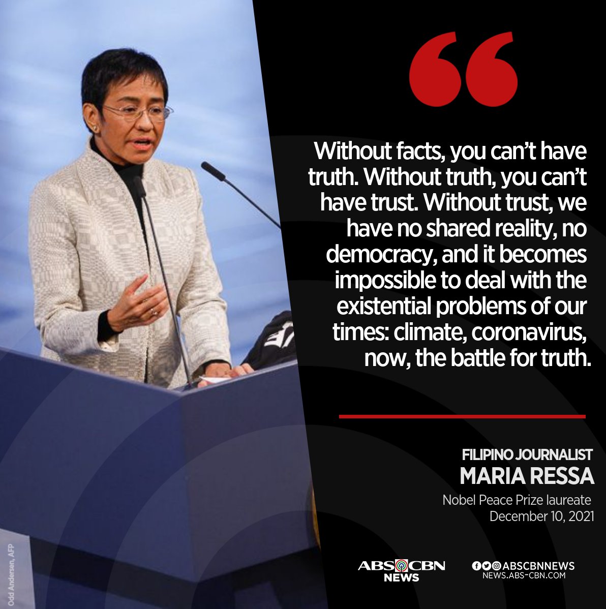 ABSCBNNews's tweet photo. In her Nobel Prize lecture, Filipino journalist Maria Ressa reiterated the importance of upholding truth as the world deals with different crises.

Read more: https://t.co/iAWIXYAFH3 https://t.co/vM8m1U15DZ