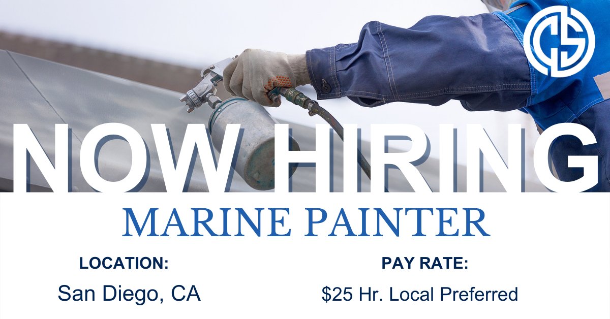 worldwidelabor's tweet photo. NOW HIRING: Marine Painters in San Diego, CA. Locals are preferred. If you are interested in this position, please send your resume to social
@worldwidelabor.com to apply! 
#CS_Jobs #ShipyardWork #OpenPositions #SkilledTrade https://t.co/PxyXR4BEBR