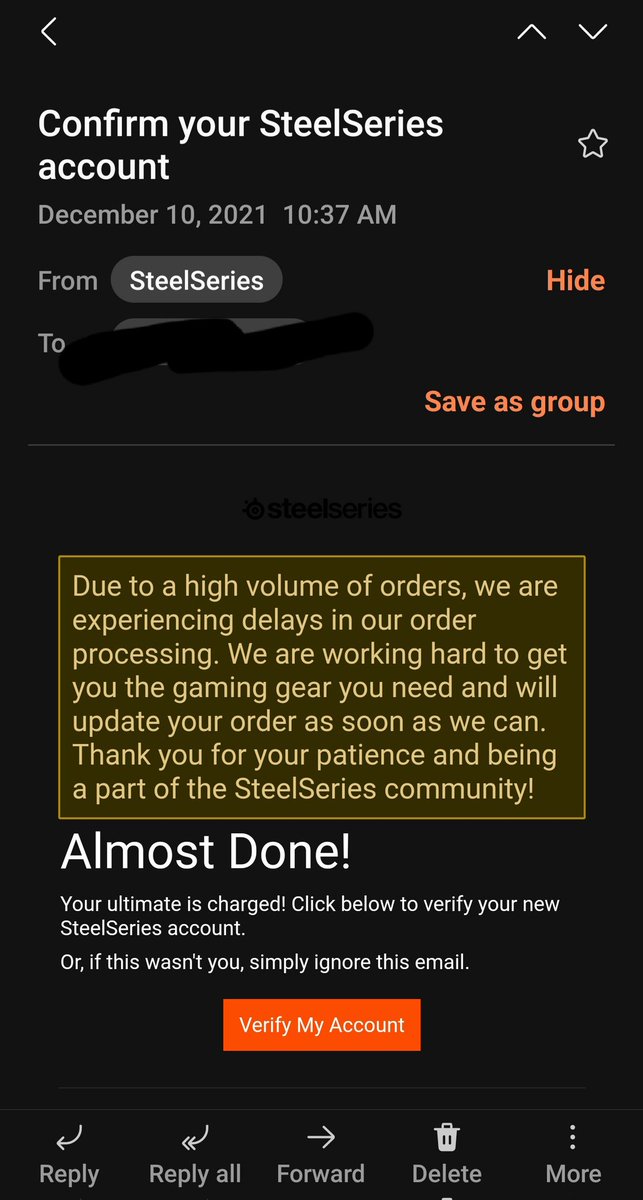 jon_torino's tweet photo. @SteelSeries so is this a scam? I didn't sign up or order anything but I received this email today.  Can you verify if it's real and why it randomly was sent? https://t.co/MpAka0HEMP