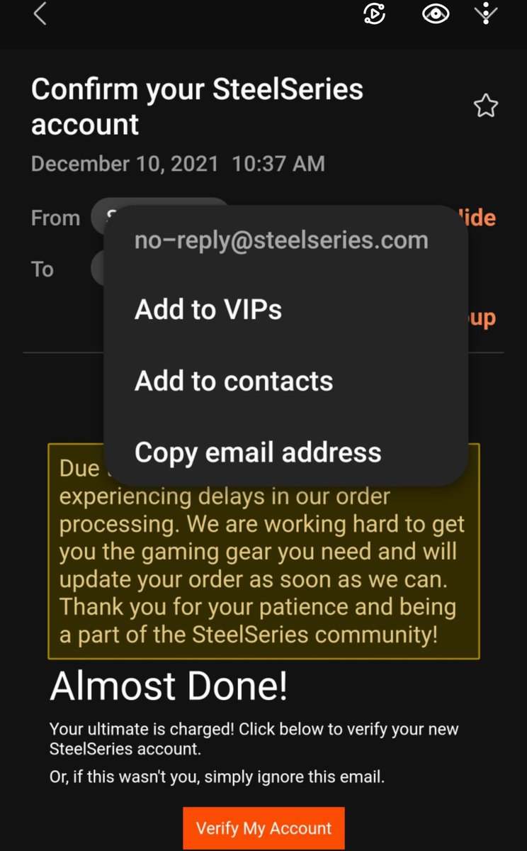 jon_torino's tweet photo. @SteelSeries so is this a scam? I didn't sign up or order anything but I received this email today.  Can you verify if it's real and why it randomly was sent? https://t.co/MpAka0HEMP