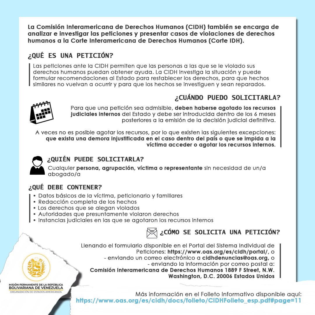 Si tú o el grupo al que perteneces ha sufrido alguna violación de #DerechosHumanos, puedes denunciarlo a través del Portal del Sistema Individual de Peticiones de la <a href="/CIDH/">CIDH - IACHR</a>: oas.org/es/cidh/portal/ 
#DDHH #MESEVE #Venezuela