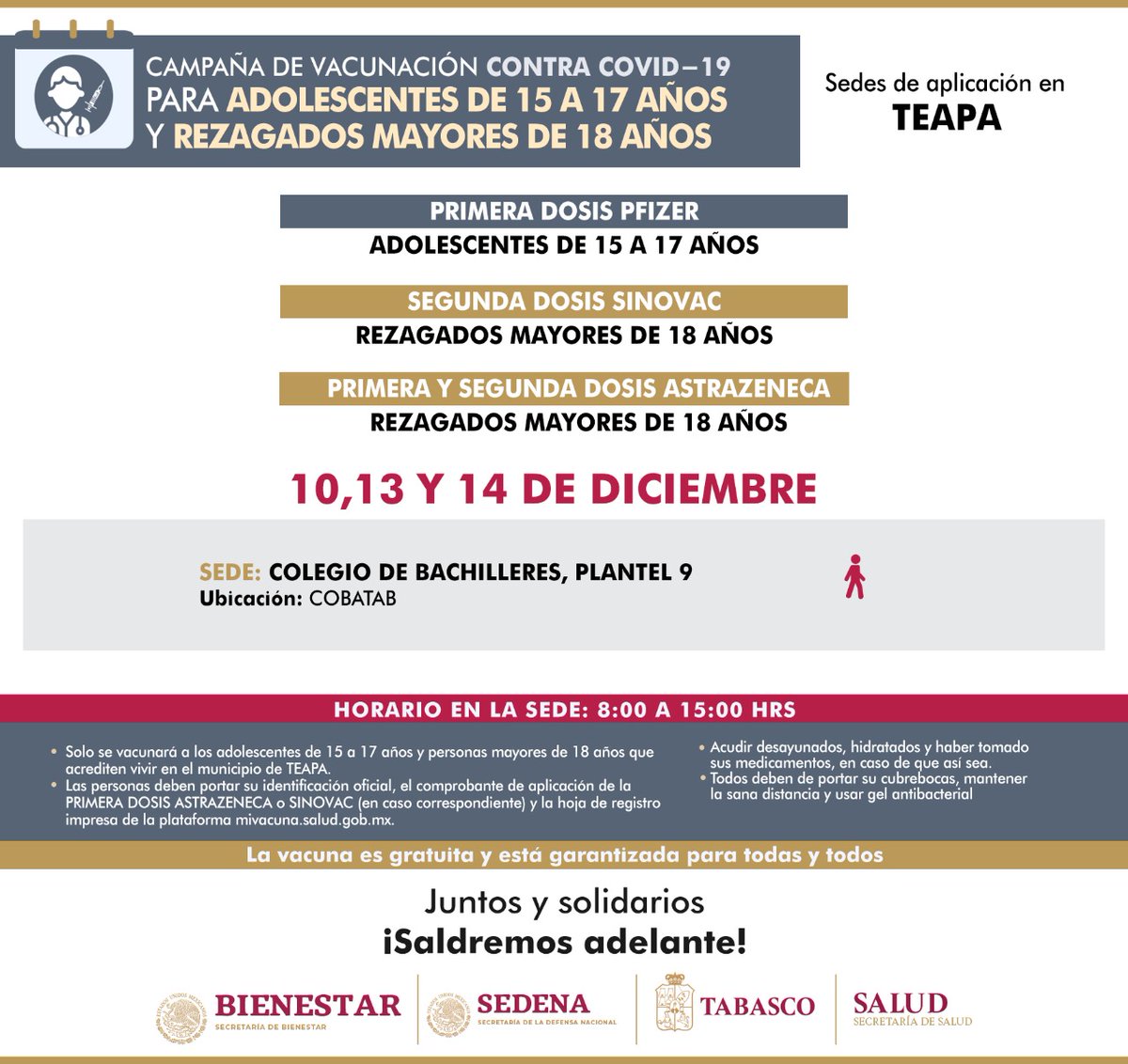 Vacunación personas adolescentes de 15 a 17 años, rezagados mayores de 18 años, 1ra y 2da Dosis El 10, 13 y 14 de diciembre, consulta las sedes oficiales y acude por tu vacuna contra el #COVID19. Recuerda llevar identificación con foto, que indique tu edad y domicilio