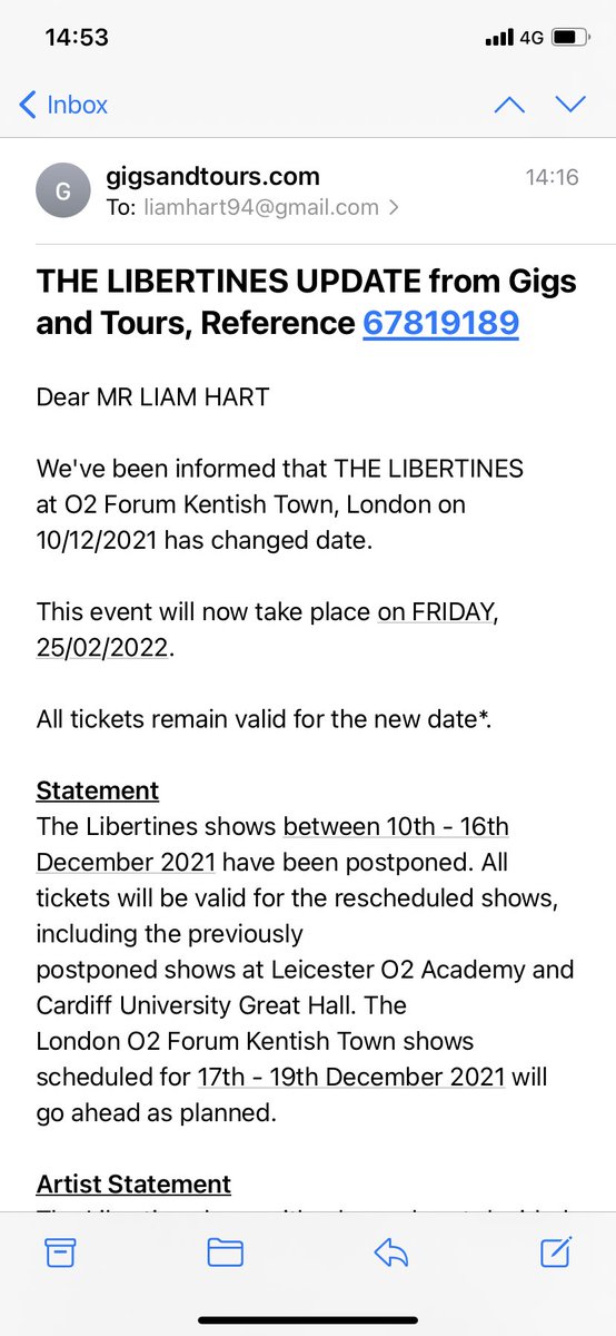 LiamHartt's tweet photo. 250+ miles travelled, over £100 for hotel. Email 4 hours before saying it cancelled. @libertines what the fuck!! https://t.co/3fdlXzgNYh