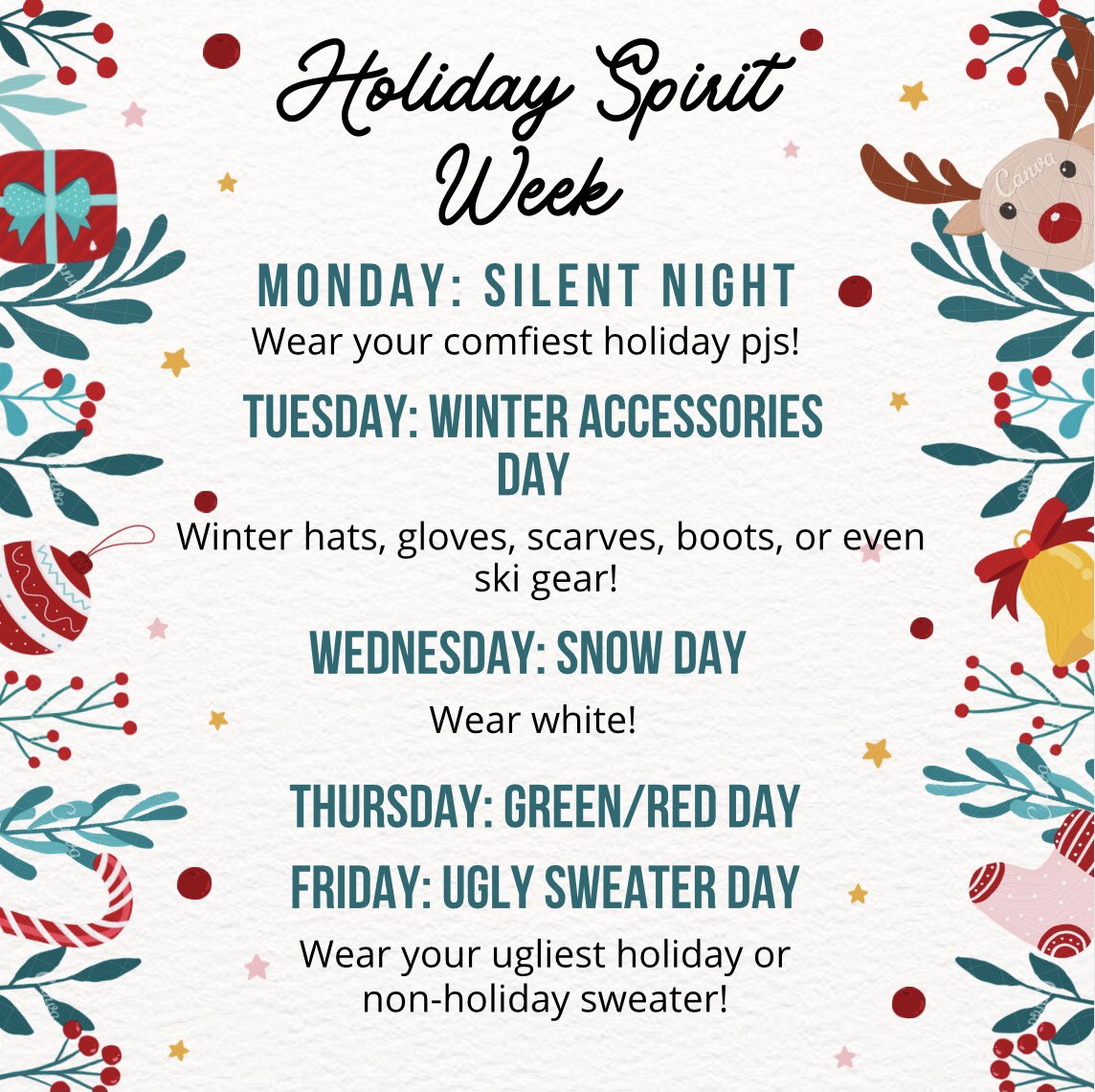 LC_Stuco's tweet photo. Show your holiday spirit by participating in spirit week (dec 13-17)! Don’t be a grinch🎅🏽🎄 https://t.co/YnrZhZxs4I