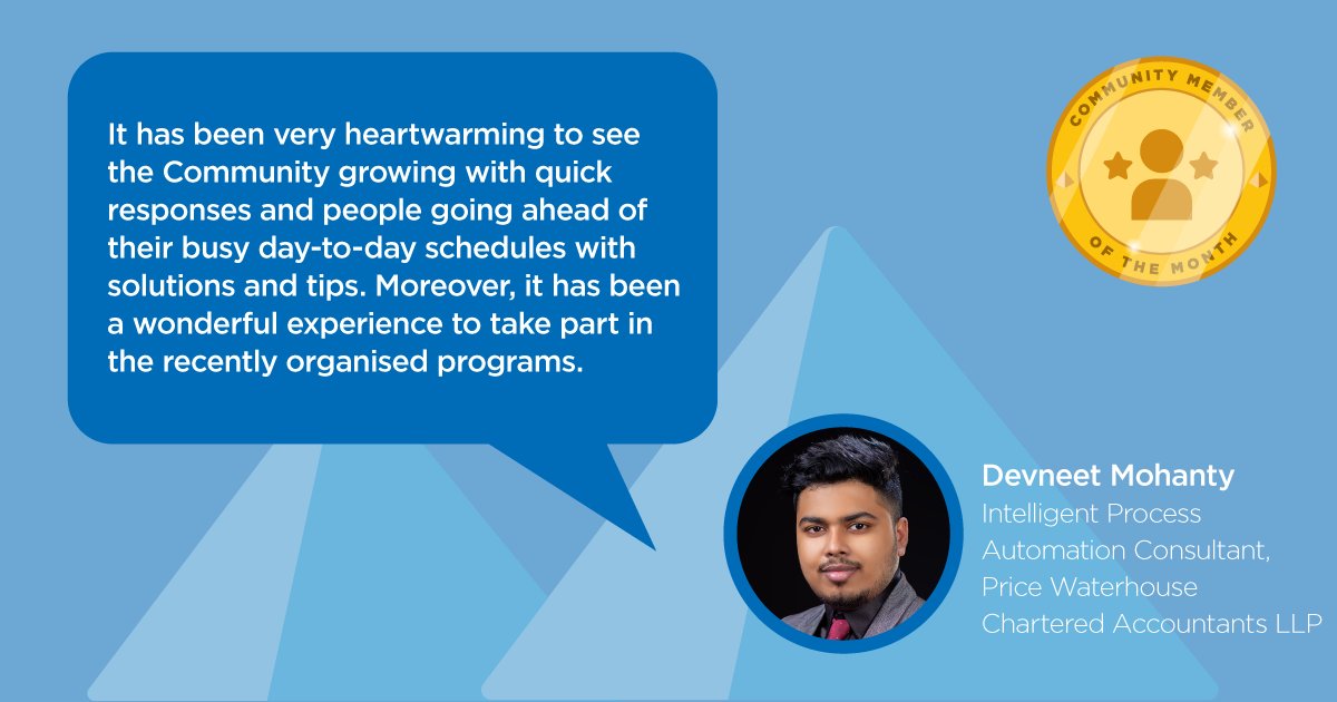 blue_prism's tweet photo. 🎉 Congratulations to our #BPCommunity #MemberOfTheMonth for November, Devneet Mohanty! Get a glimpse into some of his great contributions to the Blue Prism Community and how you can get involved 🤩👇
https://t.co/3FBKSiGlBn https://t.co/m9j0SE0lKQ