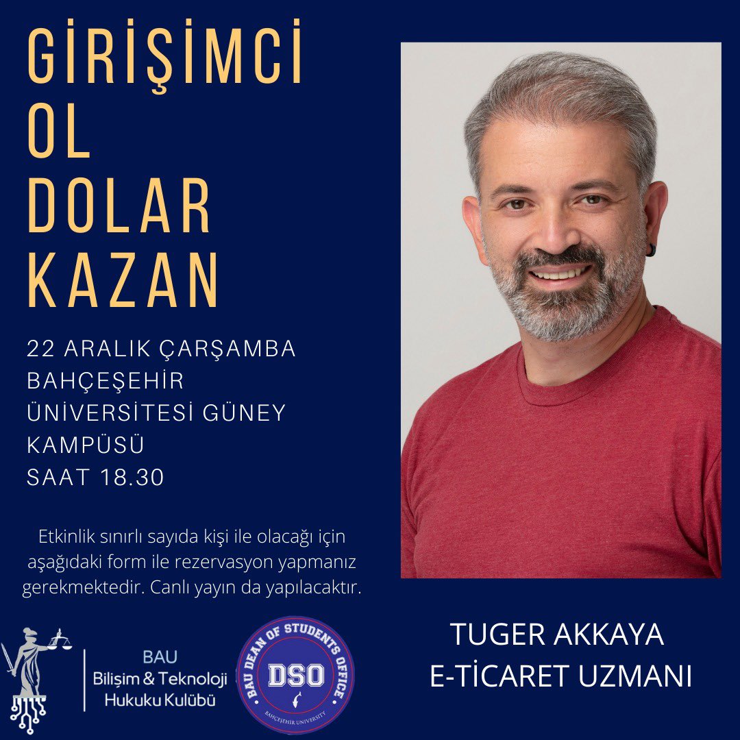 E-ticaret uzmanı Tuğer Akkaya ile harika bir etkinliğe hazır olun!!! <a href="/tugerakkaya/">Tuğer Akkaya</a> 
22 Aralık Çarşamba günü 18.30’da güney kampüste buluşuyoruz. 

Etkinlik kontenjanı sınırlı sayıda olduğundan profildeki formu doldurmanız gerekmektedir.

Görüşmek üzere….
