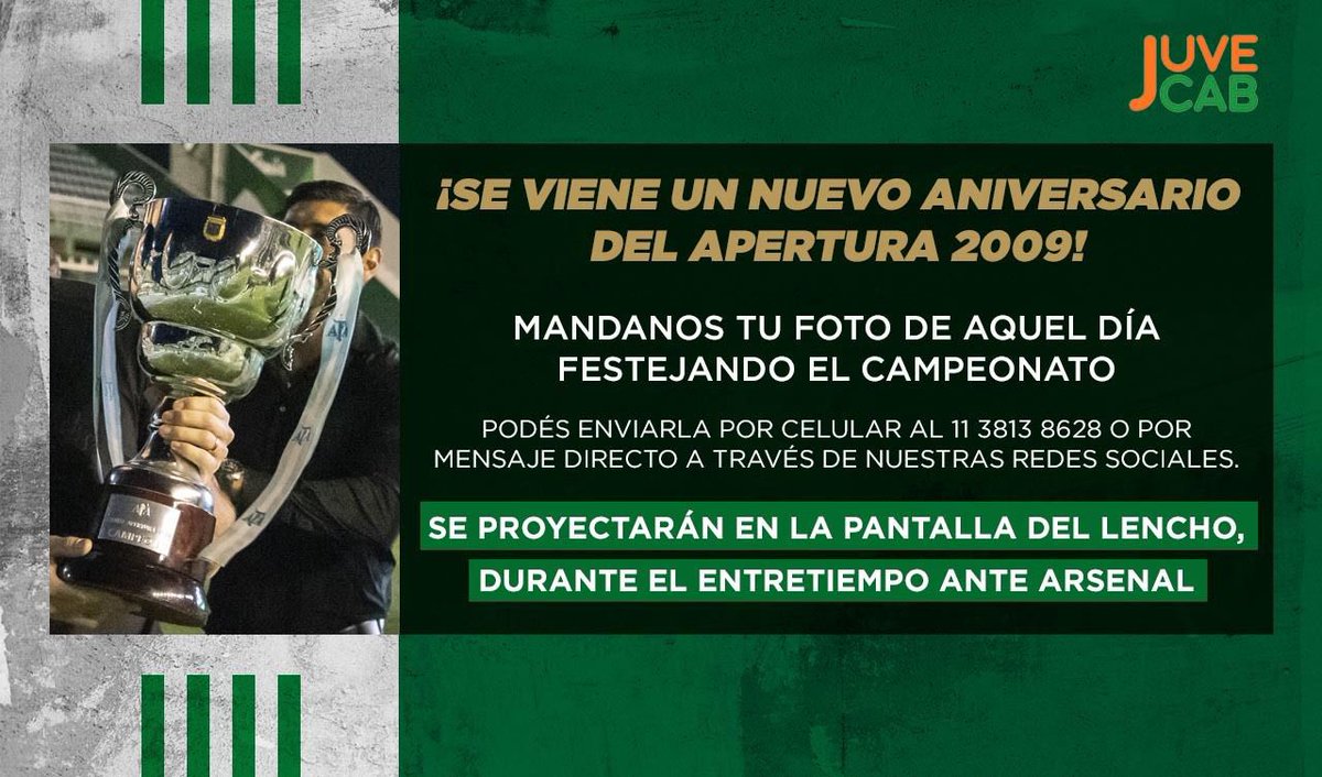 ¡Mandanos tu foto festejando el campeonato!🏆

En el marco del aniversario del Apertura 2009, estaremos recibiendo sus recuerdos para ser proyectados en la pantalla del Estadio durante el entretiempo del partido.

Sumate a recordar esta fecha tan importante para los banfileños💚