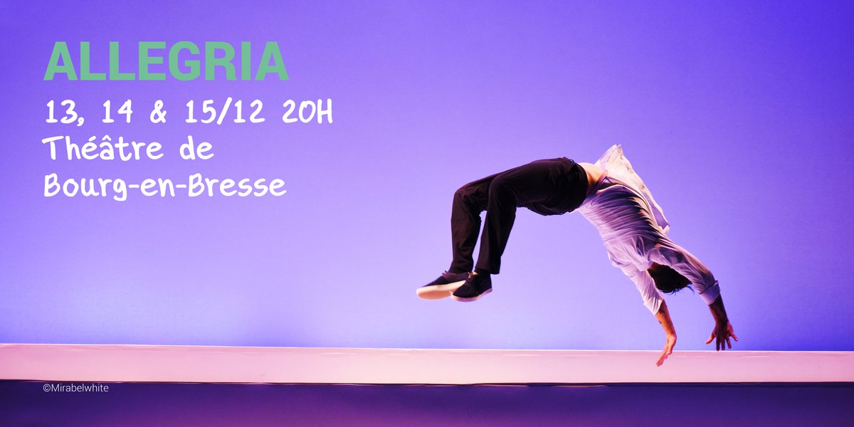 [ALLEGRIA] 🕺
Un shoot de vitalité pour chasser le blues de l’automne, un spectacle hip hop joyeux et bourré d’énergie pour bien finir l’année ! 
📅 13, 14 &amp; 15/12 à 20H au <a href="/TheatreBourg/">Scène nationale de Bourg-en-Bresse</a> 
🎟 bit.ly/3yf4p7R