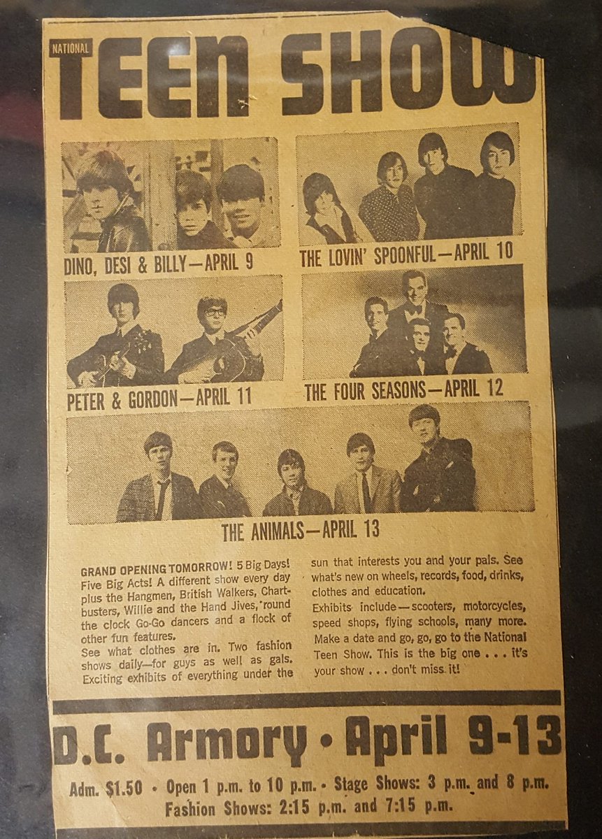 RockandRollYrs's tweet photo. The first concert I ever attended was Dino, Desi and Billy at The #NationalTeenShow on April 9, 1966. My dad was the promoter and put on 5 days of music at the D.C. Armory in Washington, DC - with his groups @thechartbusters, @british_walkers, etc. opening! https://t.co/gxLobtBeza