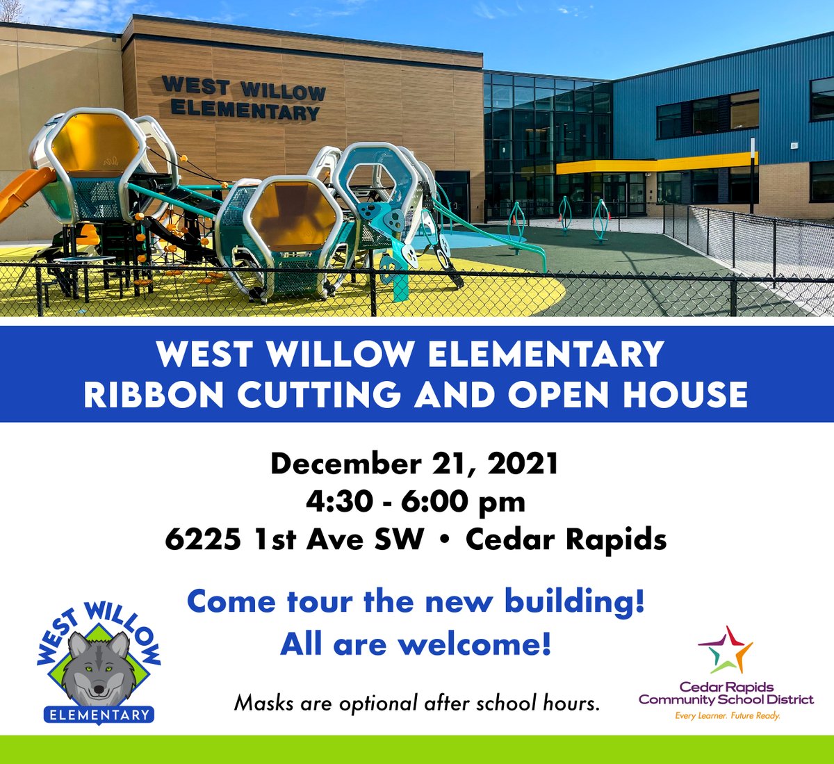 Please join us on Dec. 21 at 4:30 PM for a ribbon-cutting ceremony and open house to celebrate West Willow Elementary School. For more information-  fb.me/e/2KKp686Dl

#WeAreCRCSD