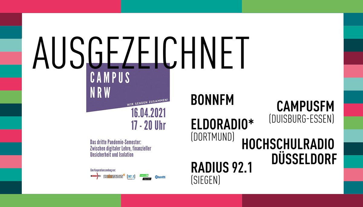 Der Sonderpreis der Jury geht in diesem Jahr an den Beitrag „CampusNRW – Wir senden zusammen. Sondersendung zum Start ins dritte Pandemiesemester. Eine Kooperation von fünf Campusradios aus NRW“. <a href="/bonnFM/">bonnFM</a>, <a href="/Campus_FM/">CampusFM</a>, <a href="/eldoradiode/">eldoradio* Dortmund</a>, <a href="/hochschulradio/">hochschulradio düsseldorf</a> und <a href="/Radius921/">Radius 92.1</a>