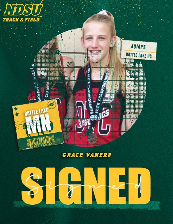 NDSUTrackField's tweet photo. Welcome to the Bison, Grace VanErp!

🦬 Jumps
🦬 Battle Lake, MN
🦬 3rd at state meet in triple jump https://t.co/KHURGEIK7b