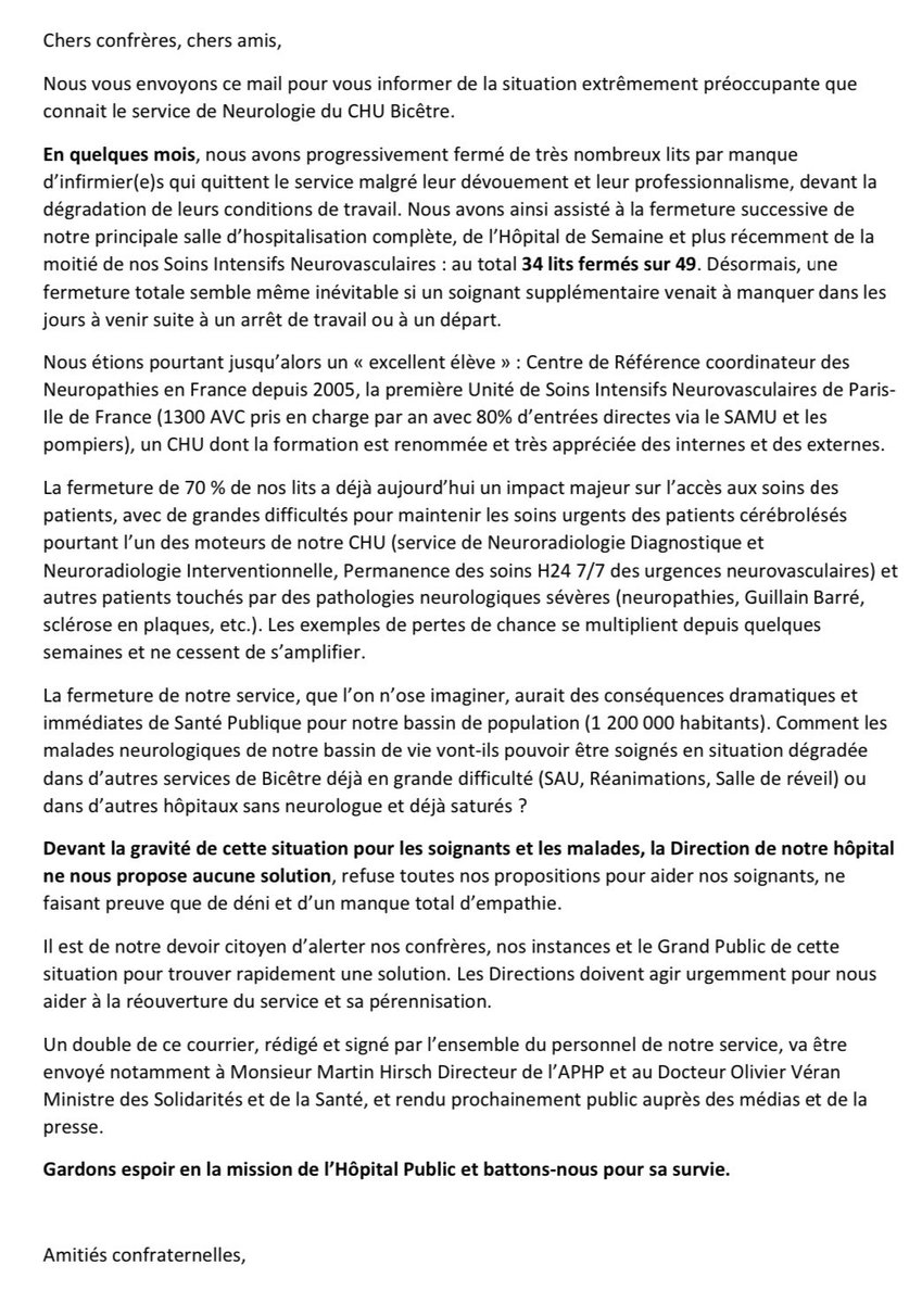 💥 Le 🆘 lancé par le service de neurologie de <a href="/Hopital_Bicetre/">Hôpital Bicêtre AP-HP</a> 
👉 <a href="/MartinHirsch/">Martin Hirsch</a> <a href="/olivierveran/">Olivier Véran</a>