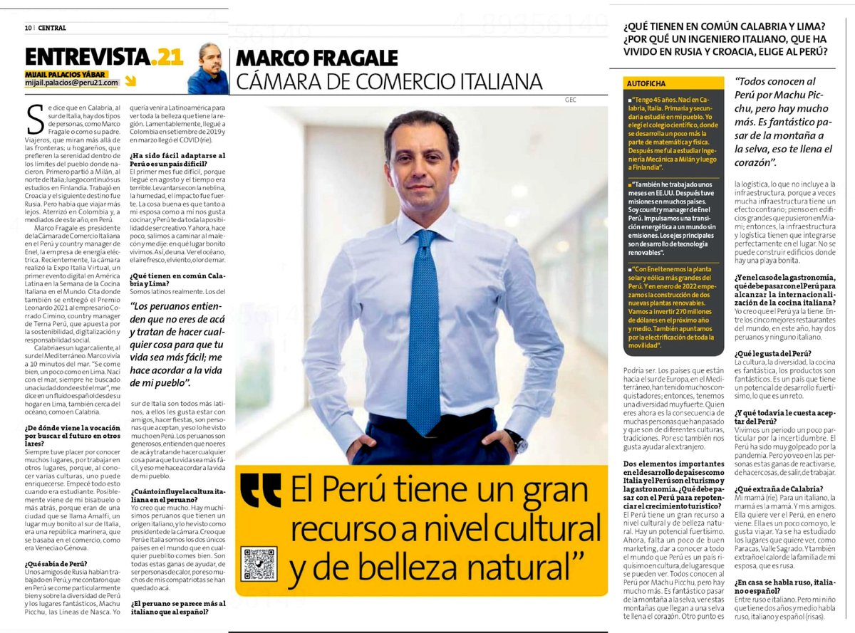 fragale_marco's tweet photo. ¡Cada día el #Perú me sorprende más! 🇵🇪 Su diversidad, riqueza cultural y belleza natural lo hace privilegiado a nivel mundial. Les comparto una amena entrevista a @peru21noticias donde comento mis orígenes, trayectoria, lo orgulloso que estoy de trabajar y conocer este país🙌 https://t.co/fqFHFoTBU5