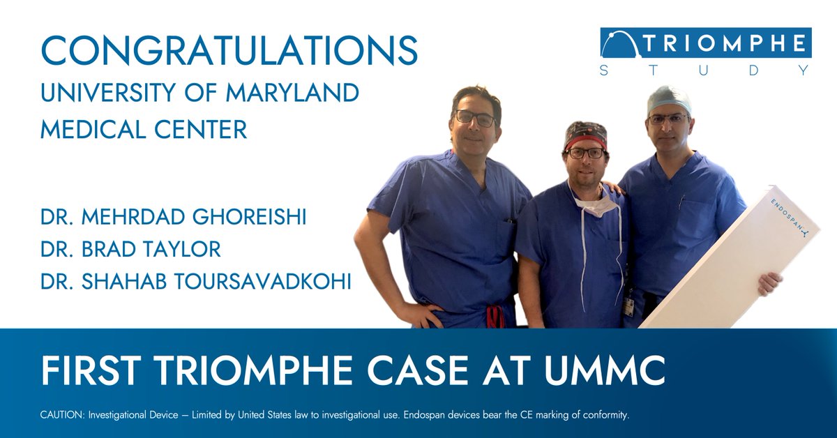 EndospanLtd's tweet photo. Congratulations to the team at UMD for successfully treating their first #dissection patient with the NEXUS™ Aortic Arch Stent Graft System. Thanks for treating another patient in the #TRIOMPHEStudy. https://t.co/9fTqV1z6SC #endospan #NEXUSaorta #totalarch #bridgingthegap https://t.co/G3bt3lNH4Y