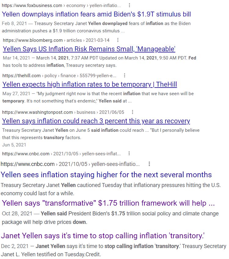 Janet Yellen on inflation...
Feb: nothing to worry about, spend more.
Mar: small &amp; manageable.
May: only temporary.
Jun: could reach 3% but just transitory.
Oct: higher, but just for next several months.
Oct: trillions more in spending will lower prices.
Dec: it's not transitory.