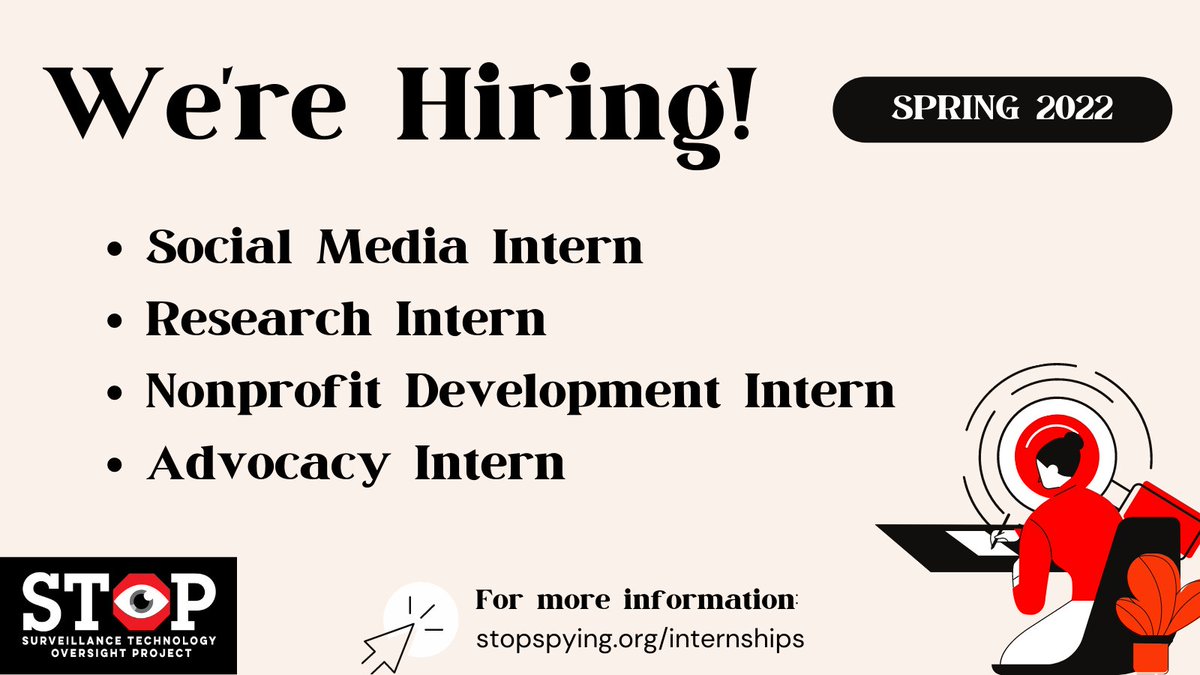 STOPSpyingNY's tweet photo. Are you or anyone you know interested in joining the fight against mass surveillance? If so, don't hesitate to apply to any of our open spring internship positions! More info here: 
https://t.co/pUOchKQXy1 https://t.co/KgiF7o1Aj0