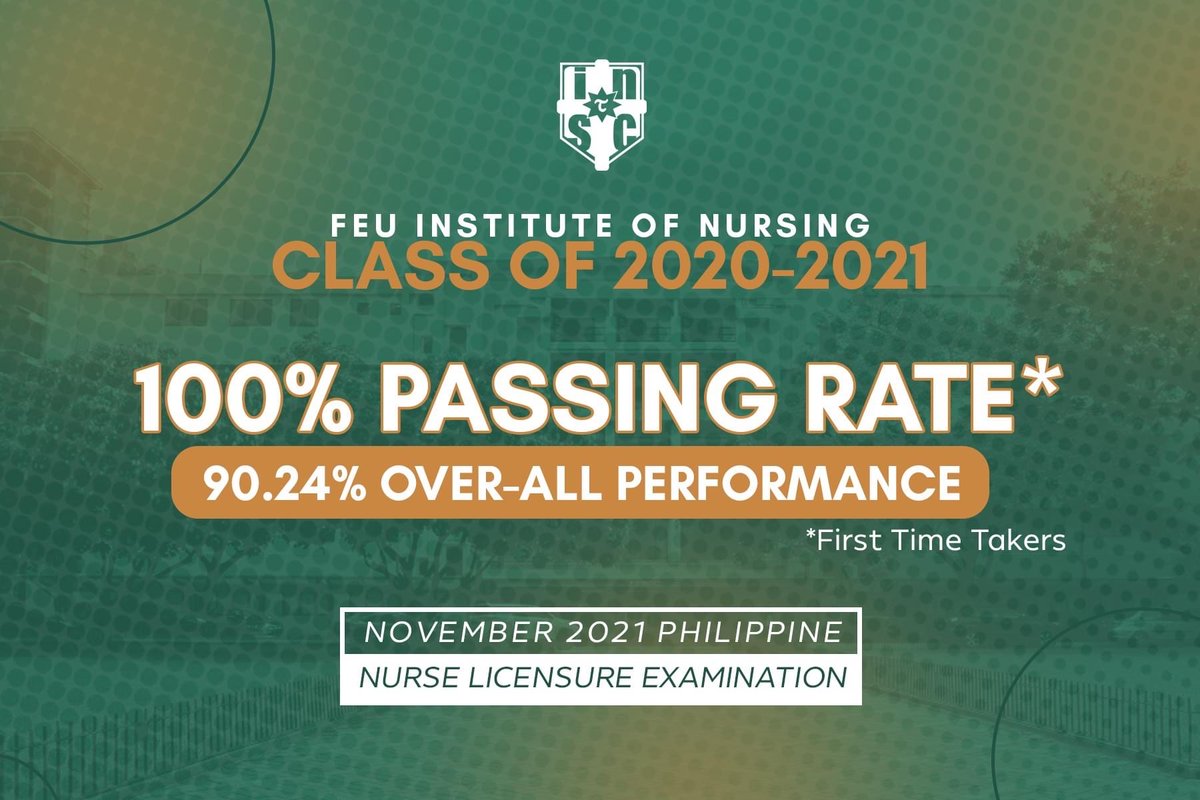 OfficialNurSoc's tweet photo. KUMPAS NG TAGUMPAY — NAABOT NANG MAGKASABAY! 

We would like to extend our warmest congratulations to first-time takers of FEU Institute of Nursing Class of 2020-2021 for having obtained a 100% passing rate for the November 2021 Philippine Nurse Licensure Examination! https://t.co/qihuj9mHea