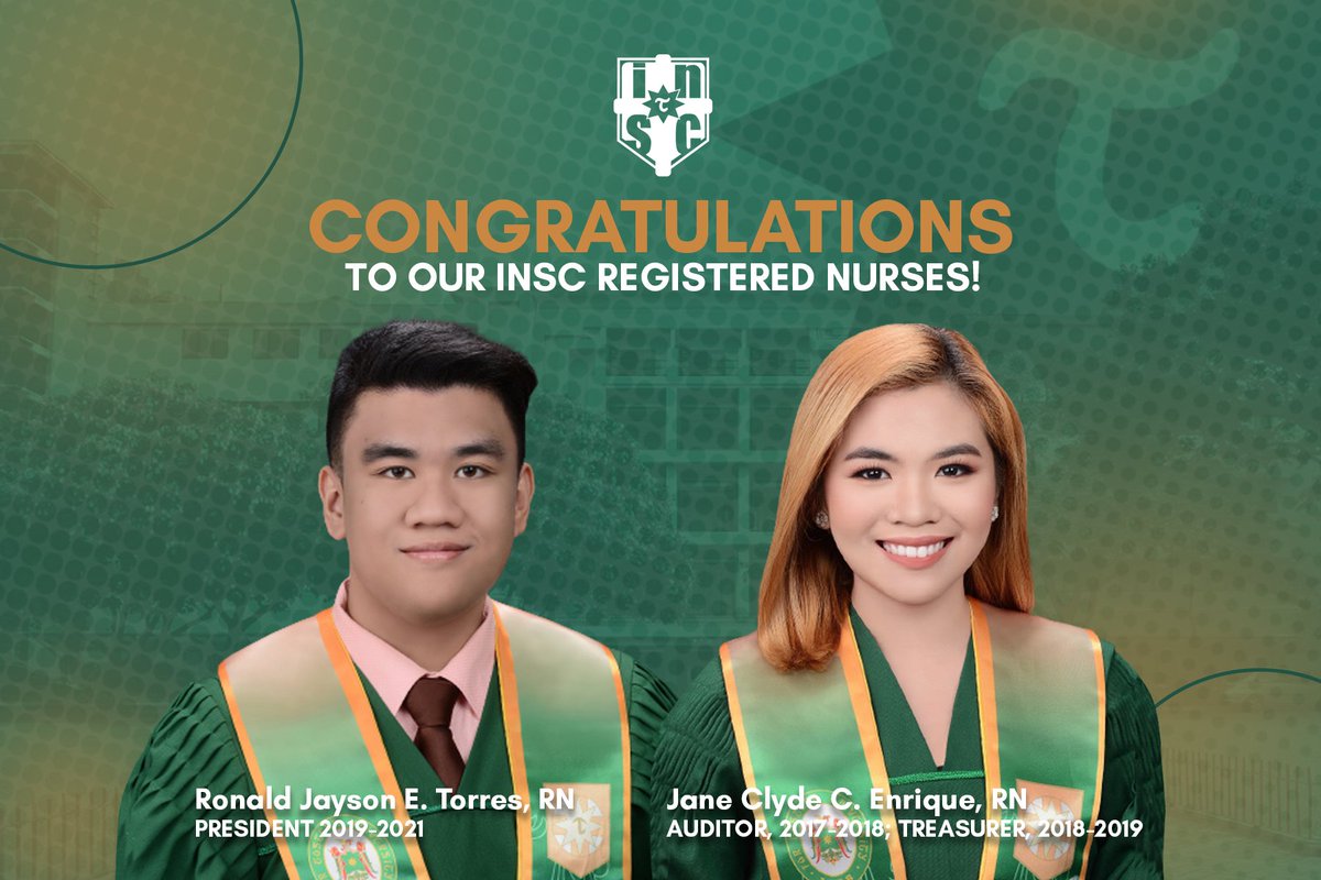 OfficialNurSoc's tweet photo. CONGRATULATIONS!

The Institute of Nursing Student Council is thrilled to express our heartfelt congratulations to former INSC officers:

Ronald Jayson E. Torres, RN
PRESIDENT 2019-2021

Jane Clyde C. Enrique, RN
AUDITOR 2017-2018
TREASURER 2018-2019 https://t.co/xxVy5qaK2w
