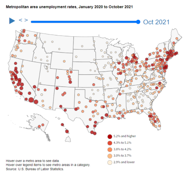 252 of 389 metropolitan areas had jobless rates below the U.S. rate of 4.3 percent in October 2021 go.usa.gov/xeA4M #BLSdata