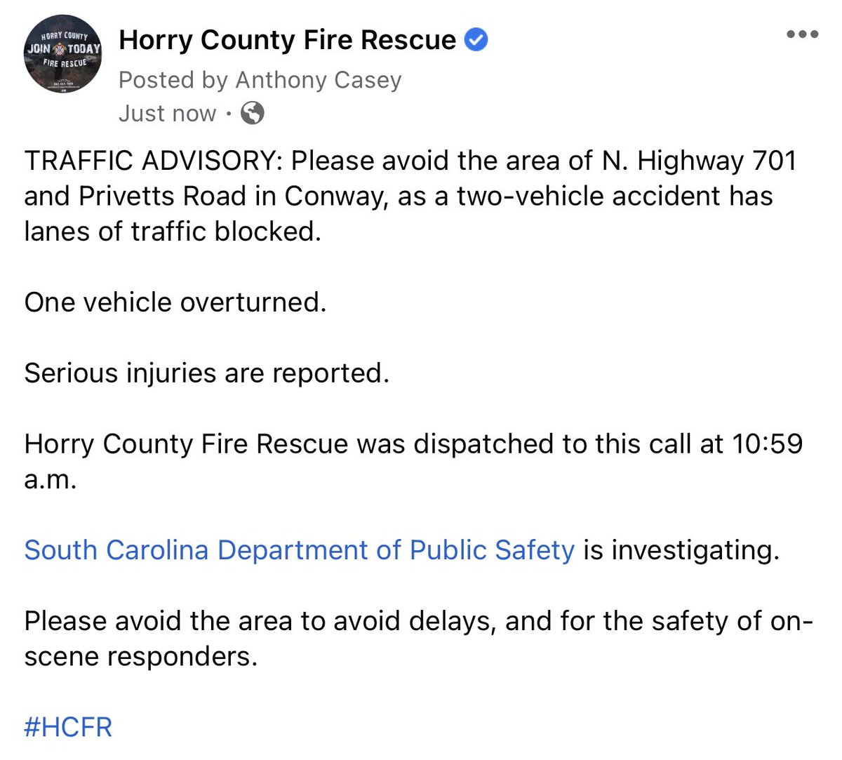 hcfirerescue's tweet photo. Info. on Conway MVC.

#HCFR https://t.co/CxQLnb2Nol