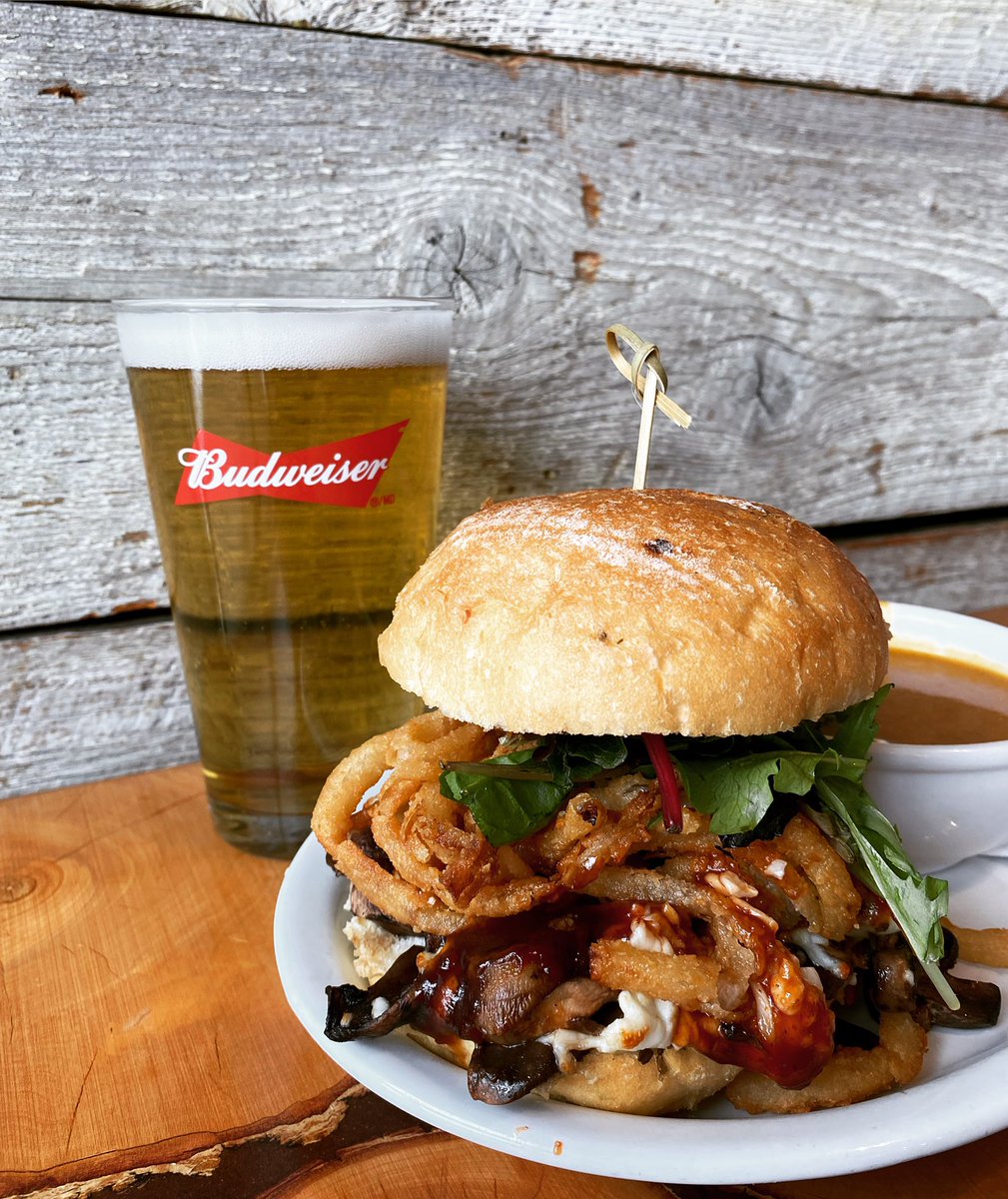 Todays we're featuring a Mushroom Melt w crispy onion frites, Swiss cheese + BBQ sauce, and $5.25 Pints of Budweiser!