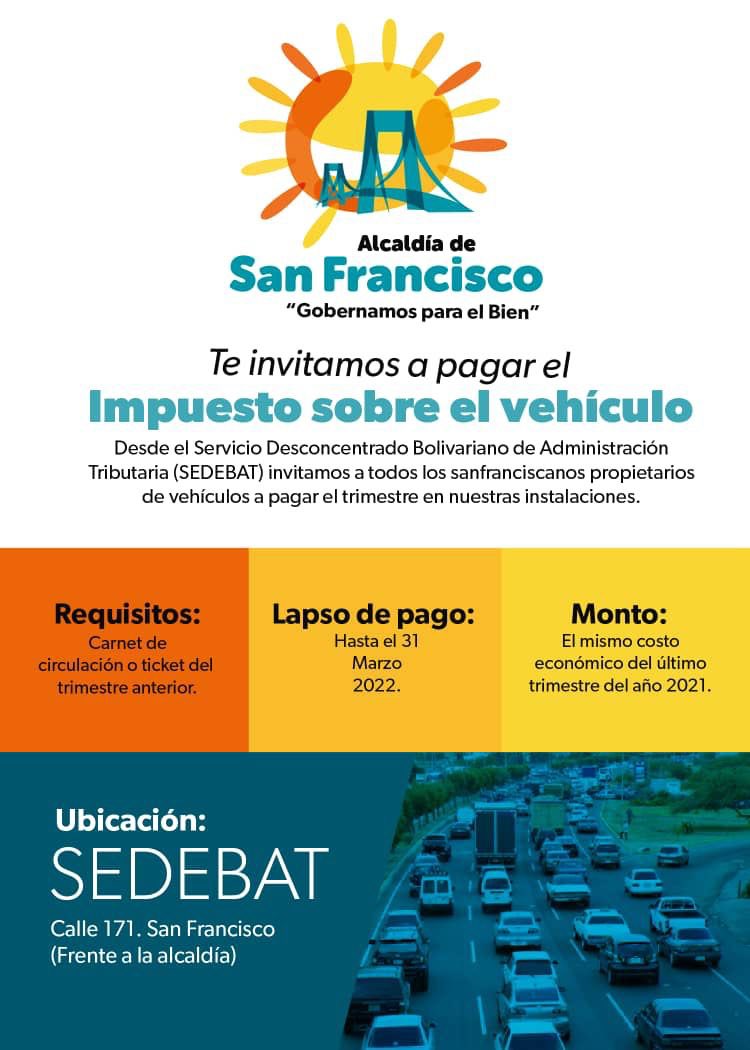Ponte al día.

Te invitamos a pagar el impuesto sobre el vehículo en las oficinas del Servicio Desconcentrado Bolivariano de Administración Tributaria (SEDEBAT) ubicado en la calle 171 de la Urb. La Coromoto frente a la alcaldía