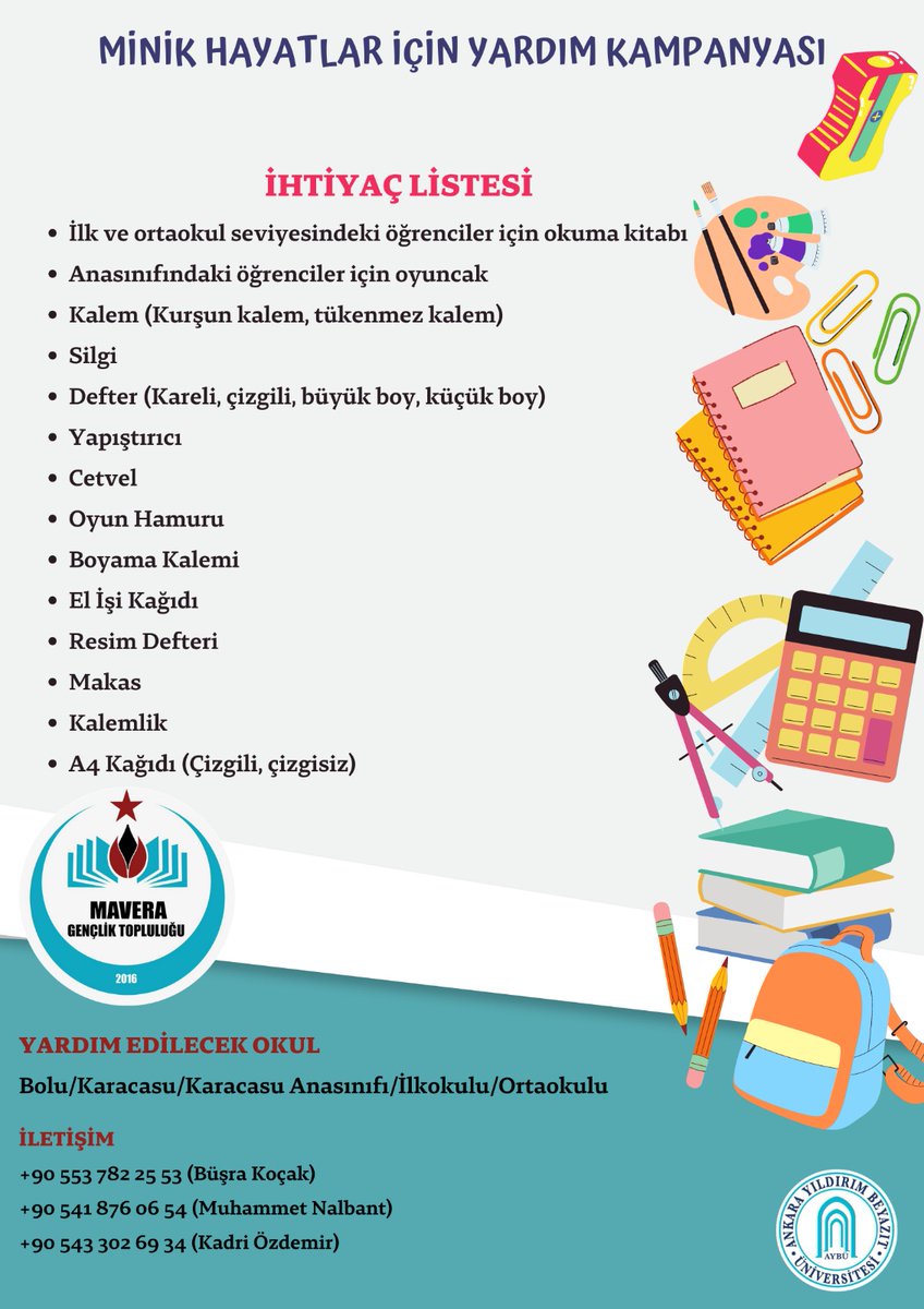 Mavera Gençlik Topluluğu olarak “MİNİK HAYATLARA DOKUNALIM!” sloganıyla başlattığımız kampanyamız doğrultusunda Bolu/Karacasu Anaokulu/İlkokulu/Ortaokulu’na kitap ve kırtasiye yardımında bulunacağız.✨