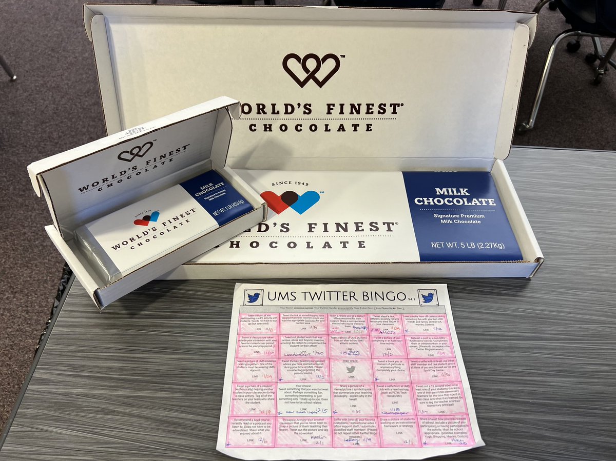 This year’s chocolate seller prizes! Twitter Bingo page for size reference. That’s a #UMStwitterBingoV4 #blackout #teamUMS
