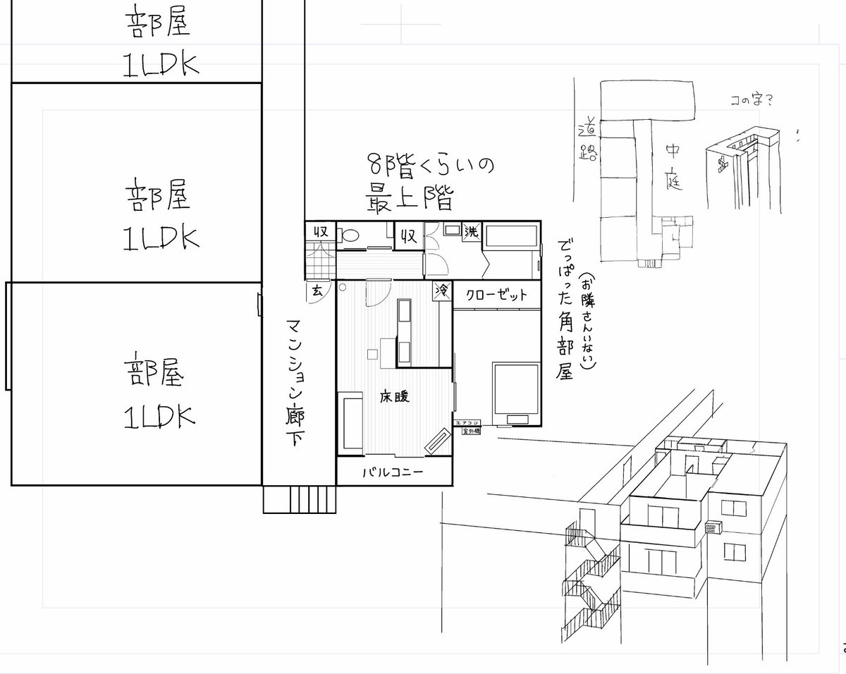 今日は長編に出てくる💥っちゃん家を考えて終わった…デカイ、LDKが12帖、寝室7.5帖
💥っちゃん隣も上も人いない気がしたんだ 